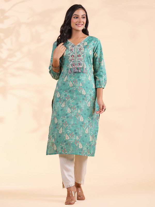 Turquoise Floral Print Straight Cotton Stitched Kurta