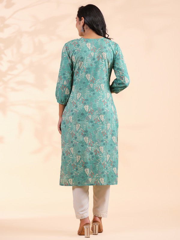 Turquoise Floral Print Straight Cotton Stitched Kurta