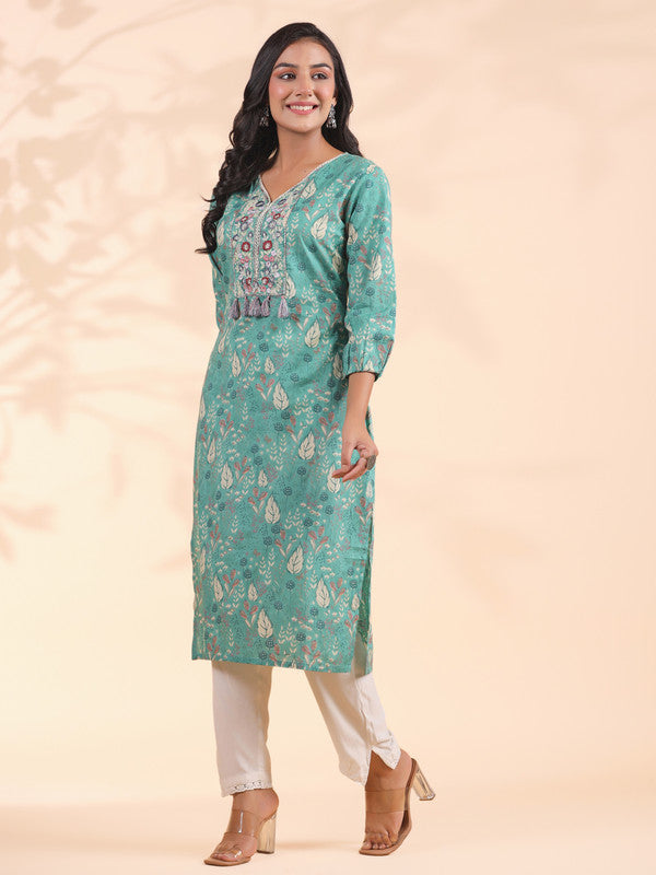 Turquoise Floral Print Straight Cotton Stitched Kurta