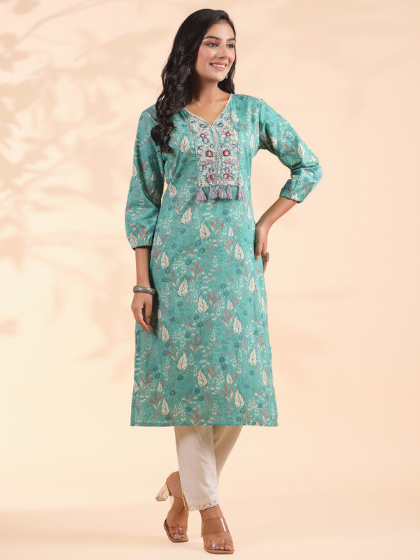 Turquoise Floral Print Straight Cotton Stitched Kurta