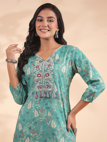 Turquoise Floral Print Straight Cotton Stitched Kurta