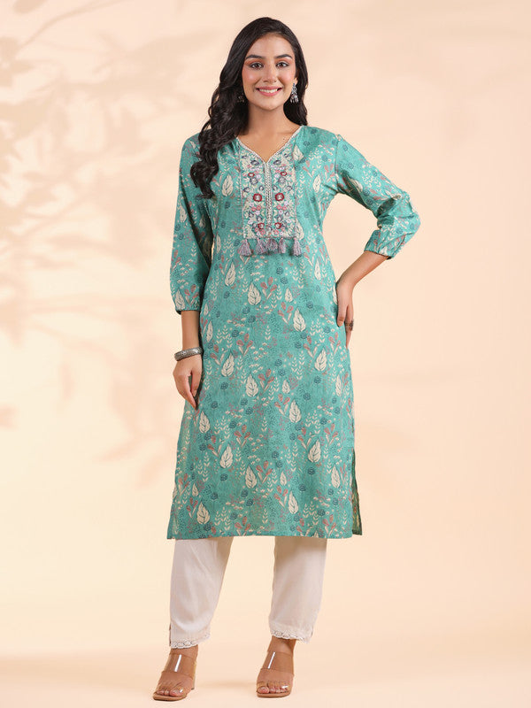 Turquoise Floral Print Straight Cotton Stitched Kurta