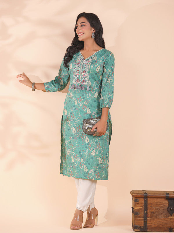 Turquoise Floral Print Straight Cotton Stitched Kurta