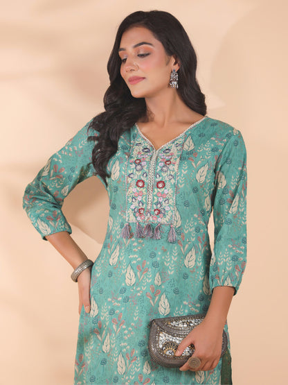 Turquoise Floral Print Straight Cotton Stitched Kurta