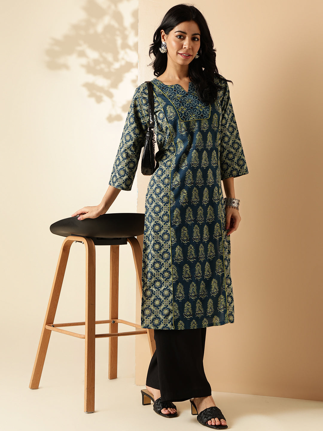 Aqua Blue Geomatric Print Straight Cotton Kurta