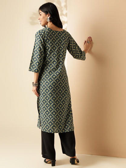 Aqua Blue Geomatric Print Straight Cotton Kurta