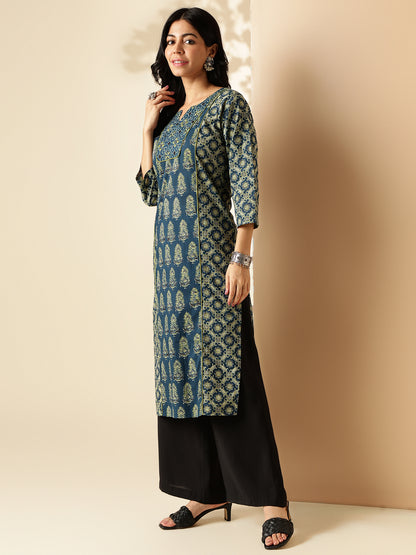 Aqua Blue Geomatric Print Straight Cotton Kurta