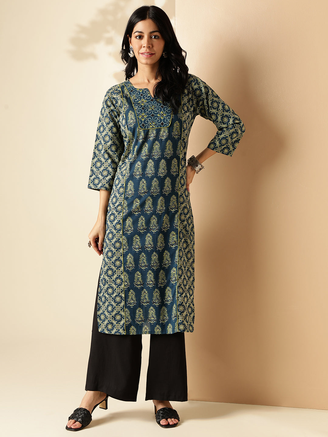 Aqua Blue Geomatric Print Straight Cotton Kurta