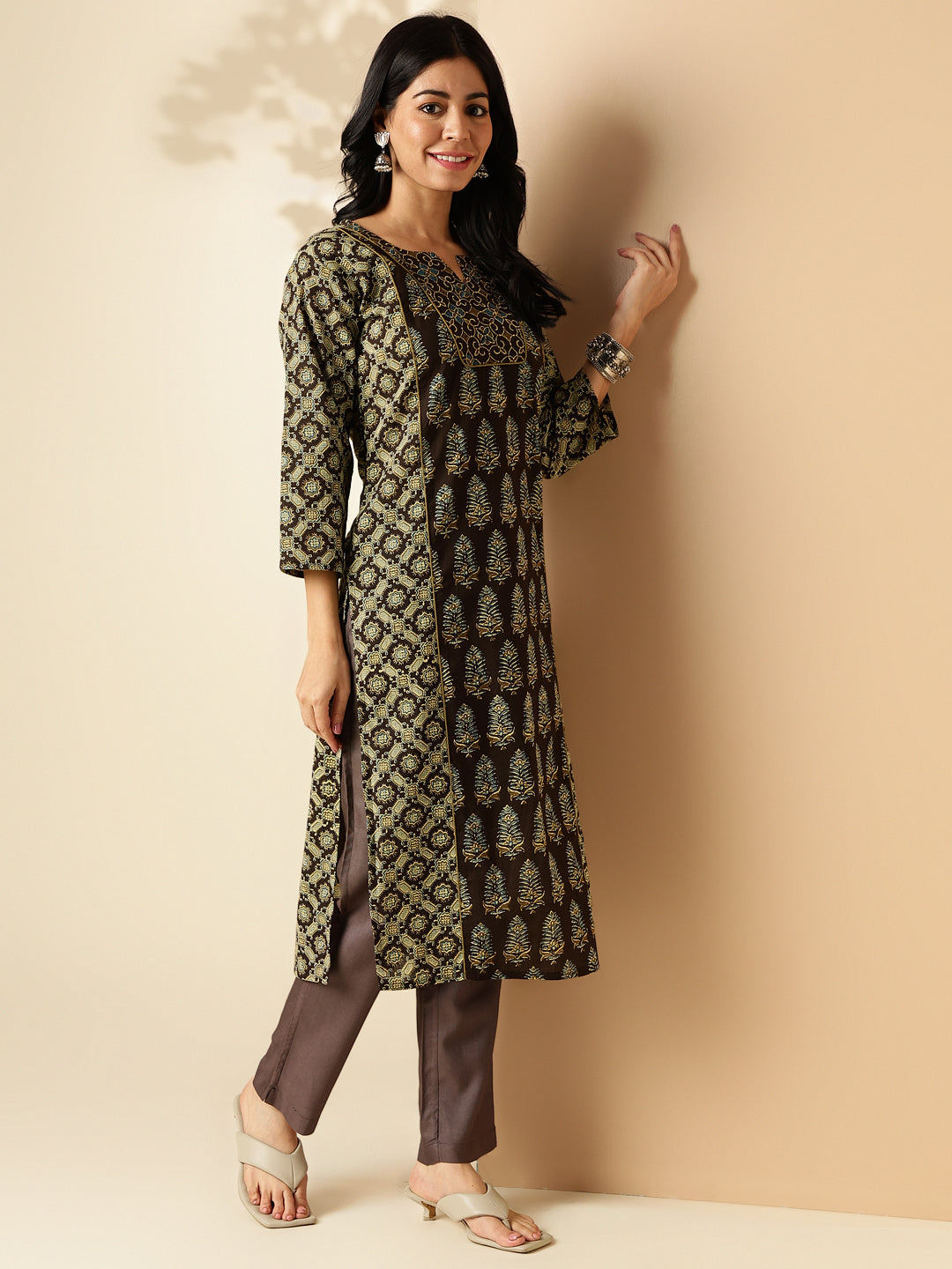 Brown Geomatric Printed Straight Cotton Kurta