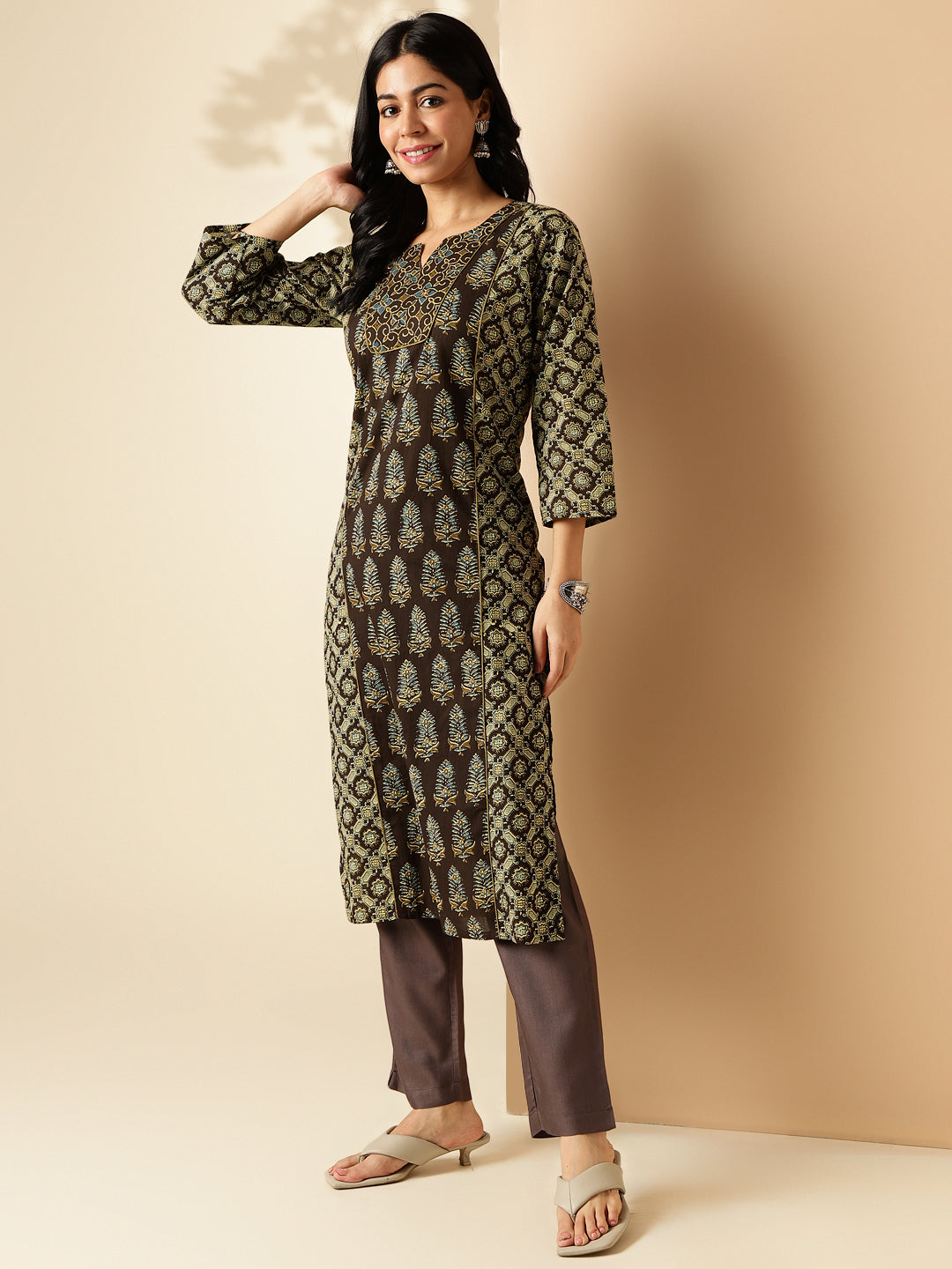 Brown Geomatric Printed Straight Cotton Kurta