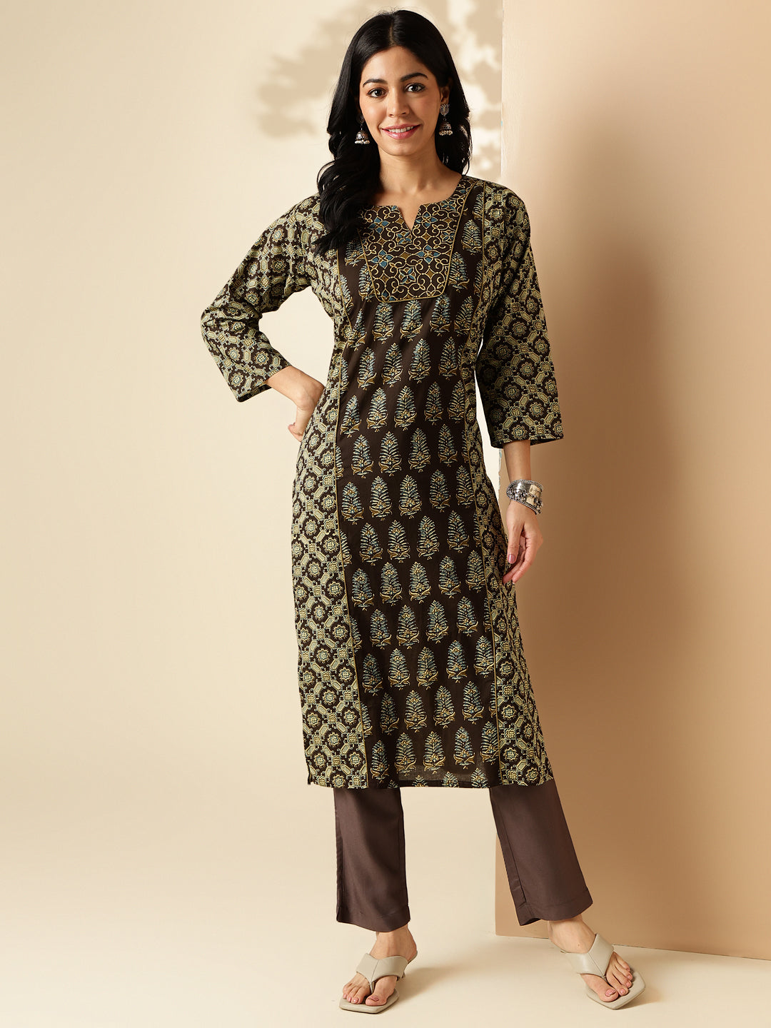 Brown Geomatric Printed Straight Cotton Kurta