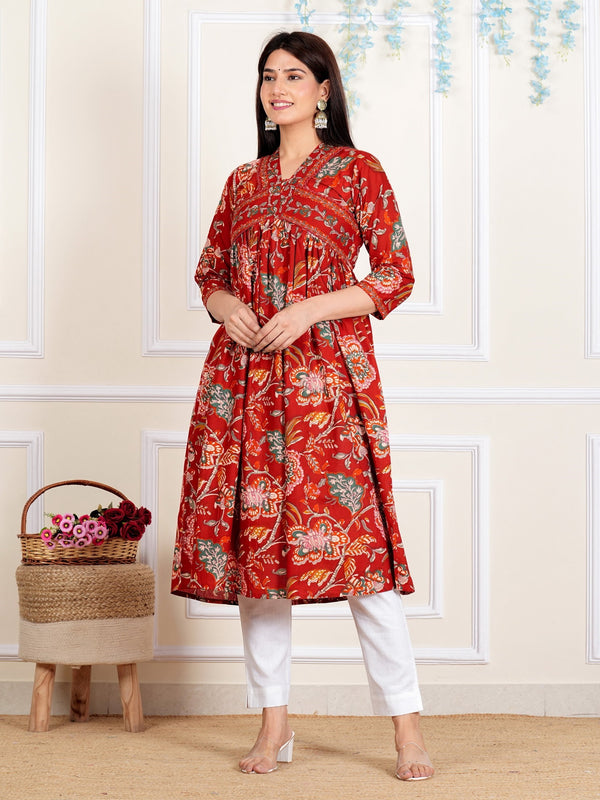 Red Floral Printed Flared Cotton Kurta