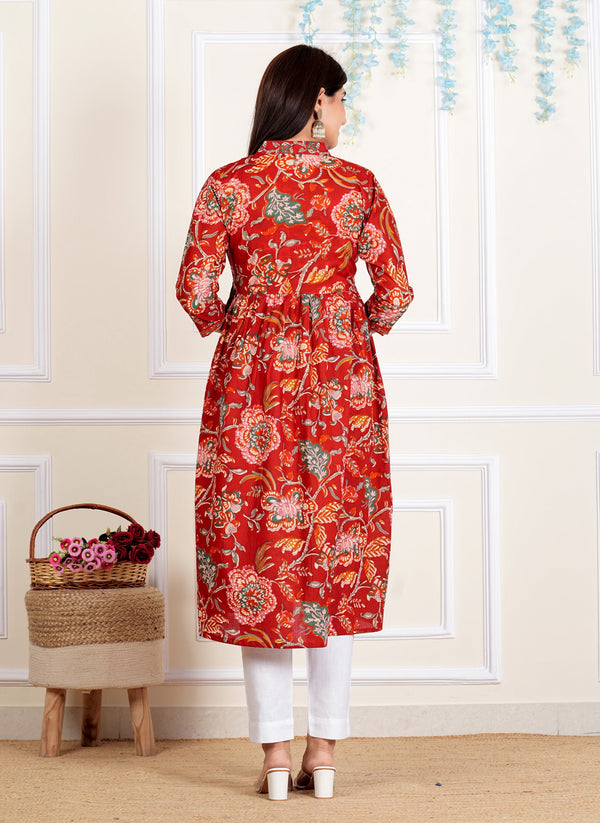 Red Floral Printed Flared Cotton Kurta