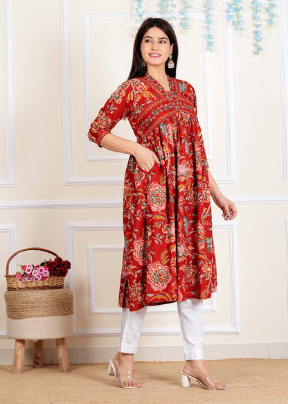 Red Floral Printed Flared Cotton Kurta