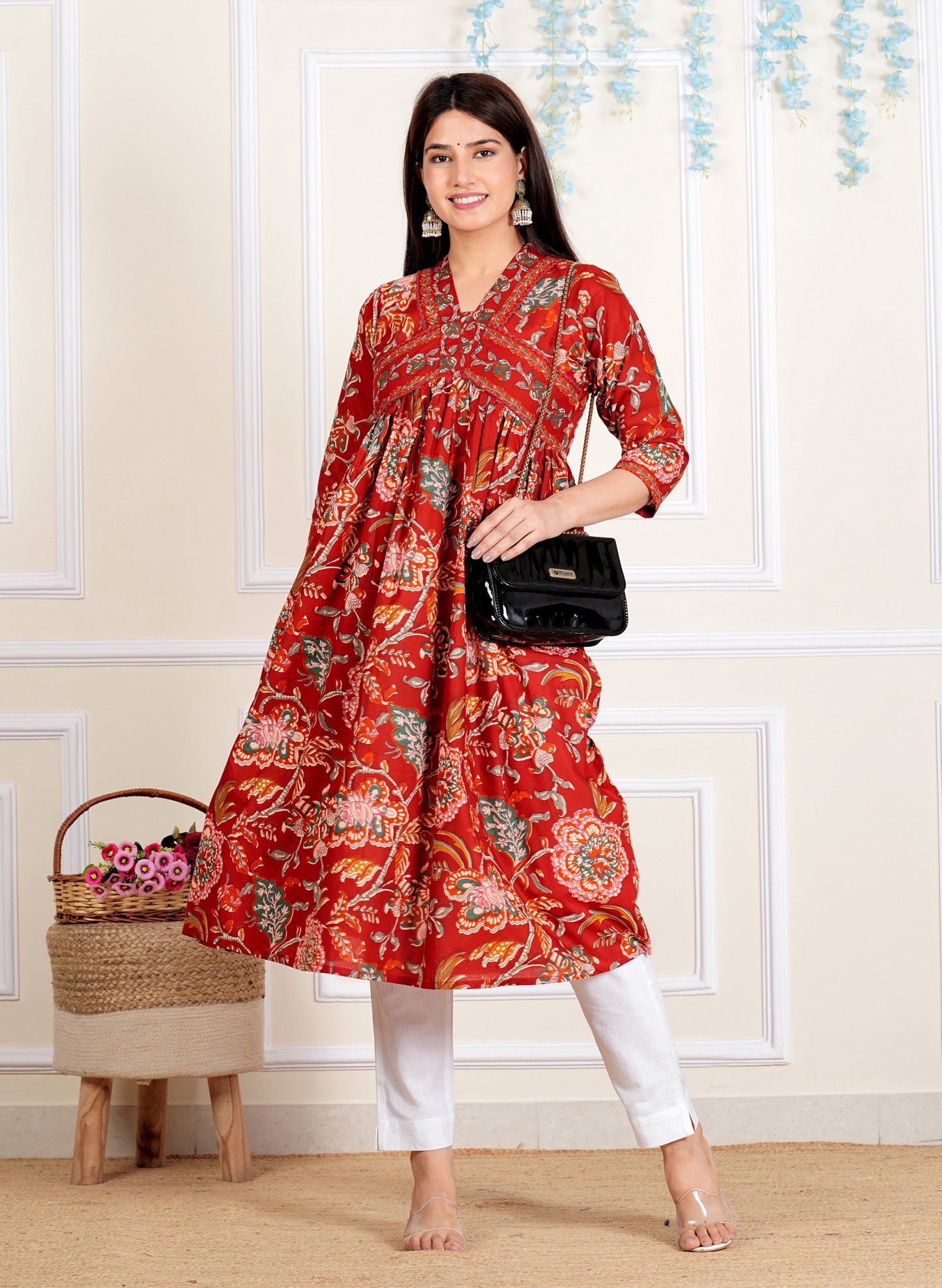 Red Floral Printed Flared Cotton Kurta