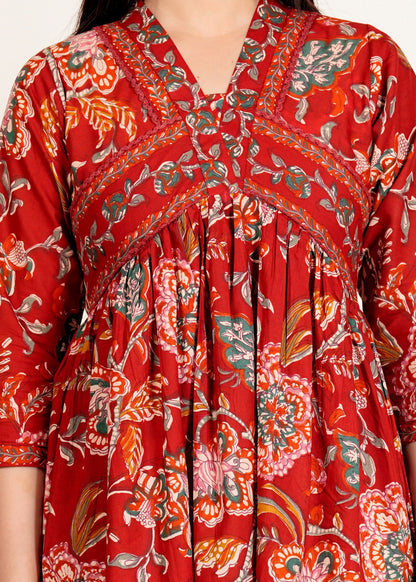 Red Floral Printed Flared Cotton Kurta