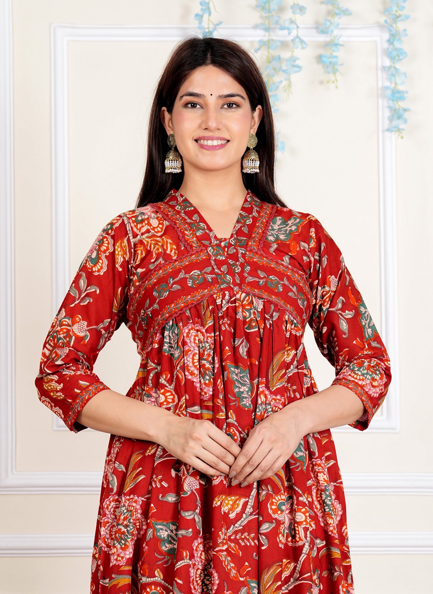 Red Floral Printed Flared Cotton Kurta