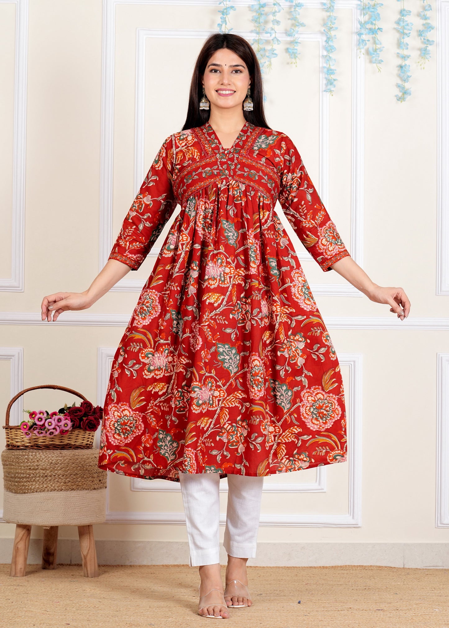 Red Floral Printed Flared Cotton Kurta