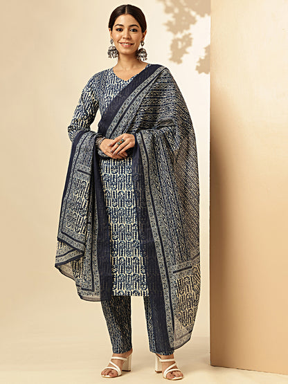 Blue Indigo Print Straight Cotton Stitched Kurta Set