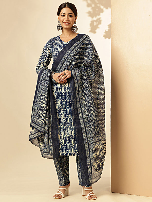 Indigo Print Straight Cotton Blue Stitched Kurta Pant And Dupatta