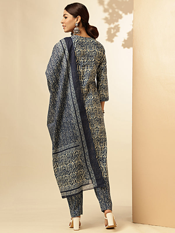 Indigo Print Straight Cotton Blue Stitched Kurta Pant And Dupatta