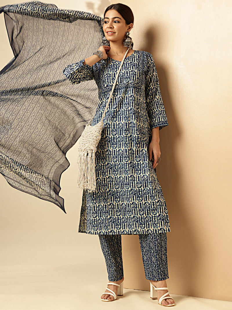 Indigo Print Straight Cotton Blue Stitched Kurta Pant And Dupatta