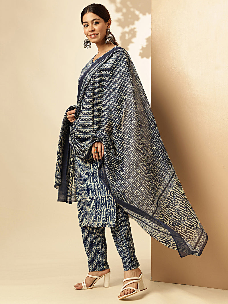 Indigo Print Straight Cotton Blue Stitched Kurta Pant And Dupatta