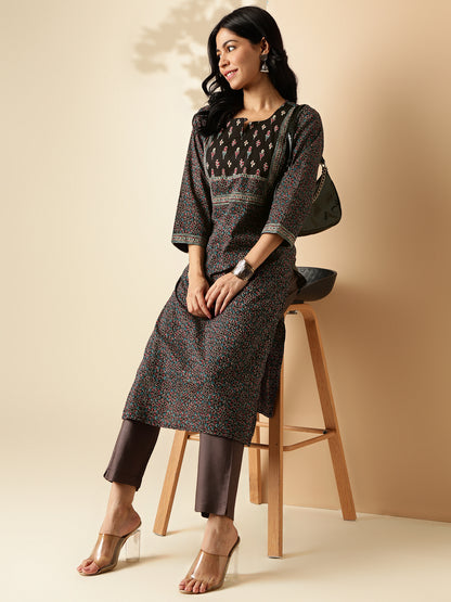 Black Kalamkari Print Straight Cotton Kurta
