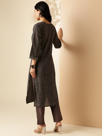 Black Kalamkari Print Straight Cotton Kurta