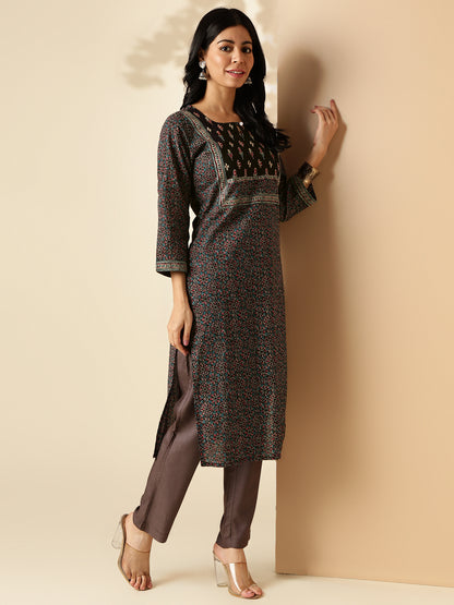Black Kalamkari Print Straight Cotton Kurta