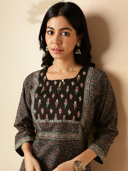 Black Kalamkari Print Straight Cotton Kurta