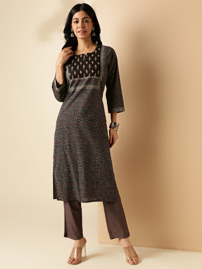 Black Kalamkari Print Straight Cotton Kurta