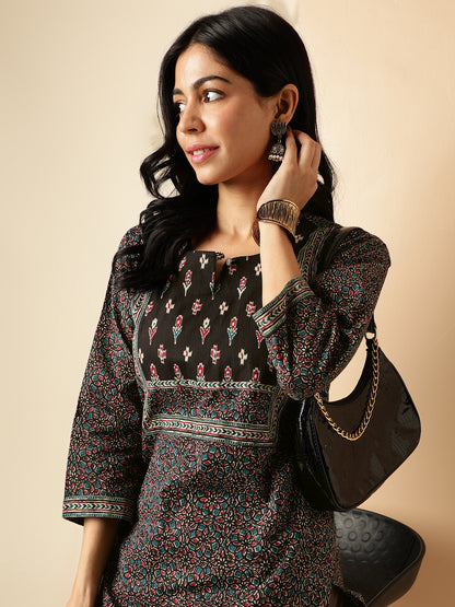 Black Kalamkari Print Straight Cotton Kurta