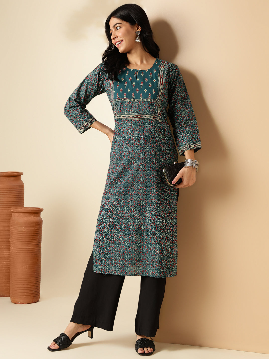 Aqua Blue Kalamkari Print Straight Cotton Kurta