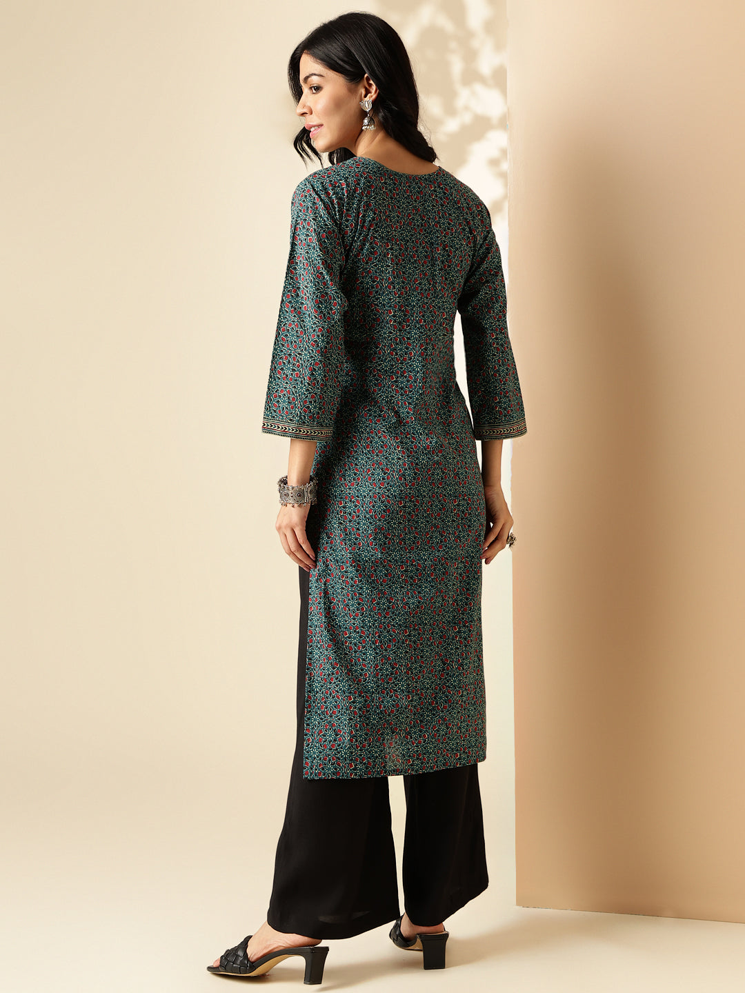 Aqua Blue Kalamkari Print Straight Cotton Kurta