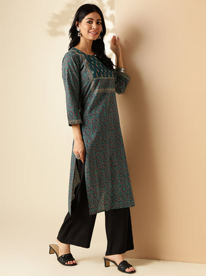 Aqua Blue Kalamkari Print Straight Cotton Kurta