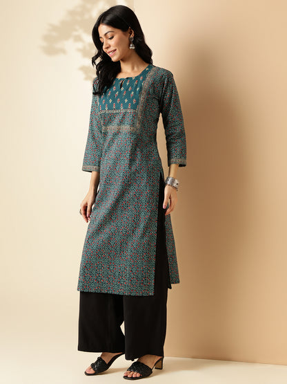 Aqua Blue Kalamkari Print Straight Cotton Kurta