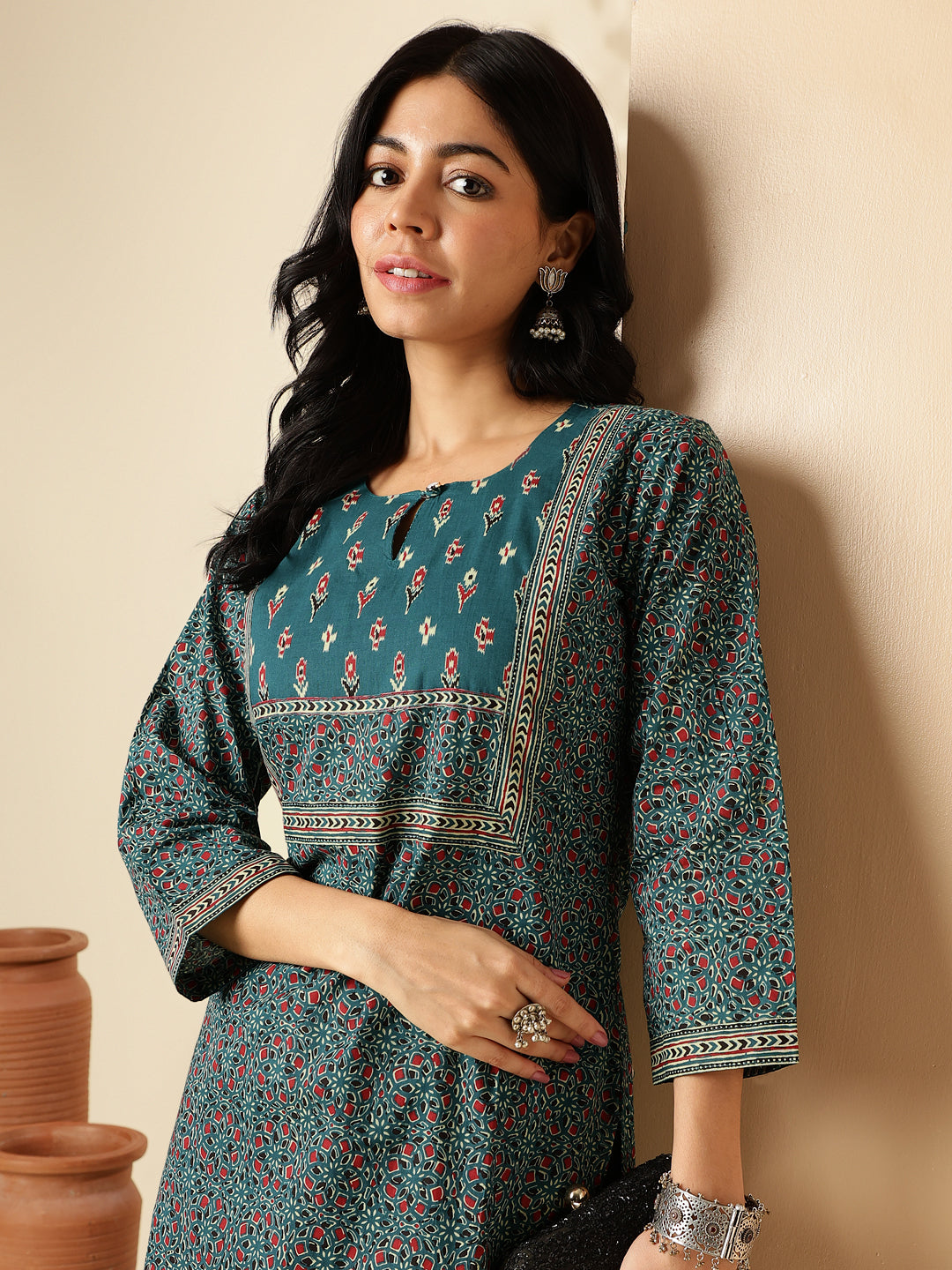 Aqua Blue Kalamkari Print Straight Cotton Kurta