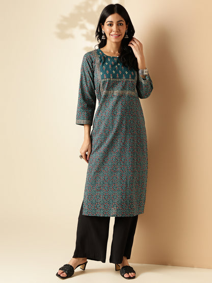 Aqua Blue Kalamkari Print Straight Cotton Kurta