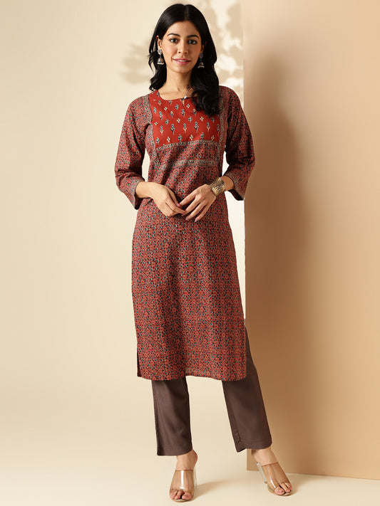 Maroon Kalamkari Print Straight Cotton Kurta