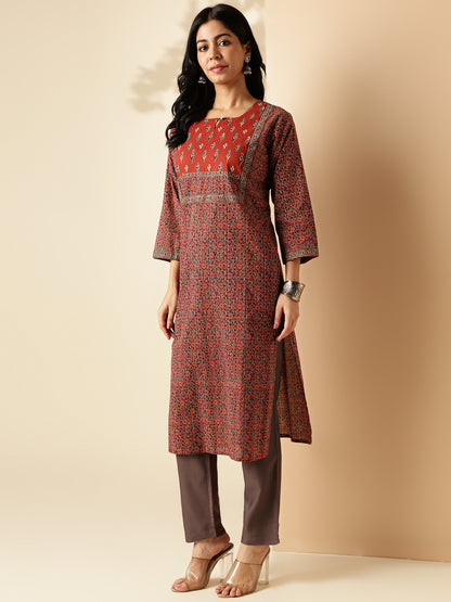 Maroon Kalamkari Print Straight Cotton Kurta