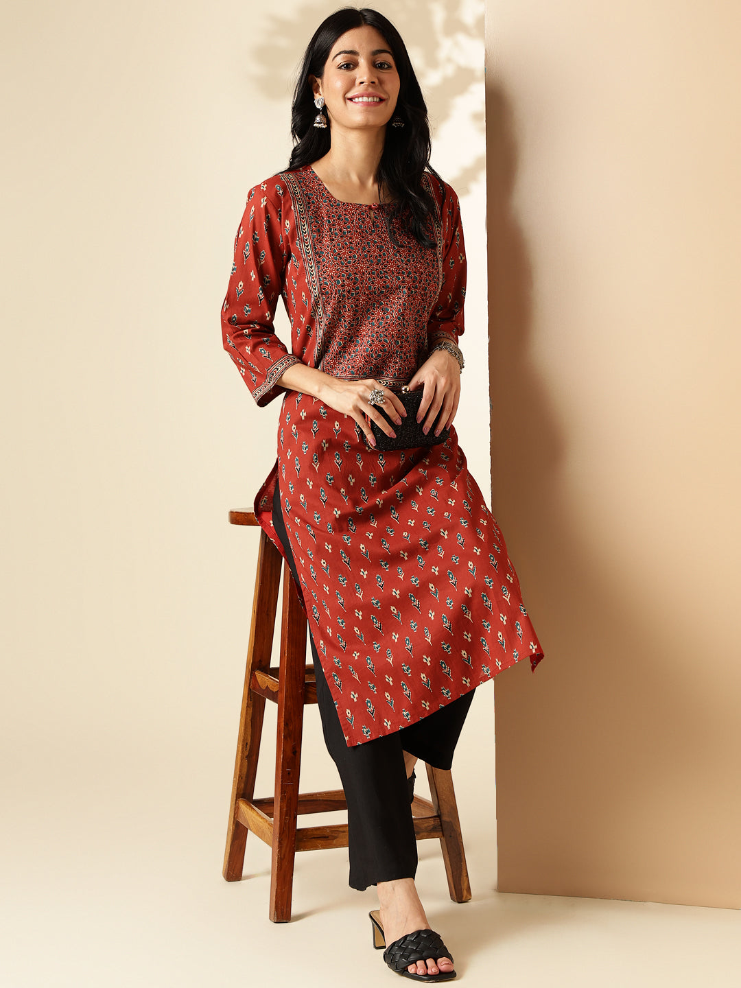 Maroon Block Print Straight Cotton Kurta