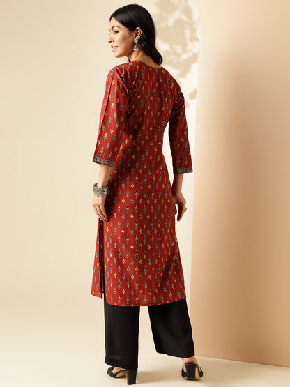 Maroon Block Print Straight Cotton Kurta