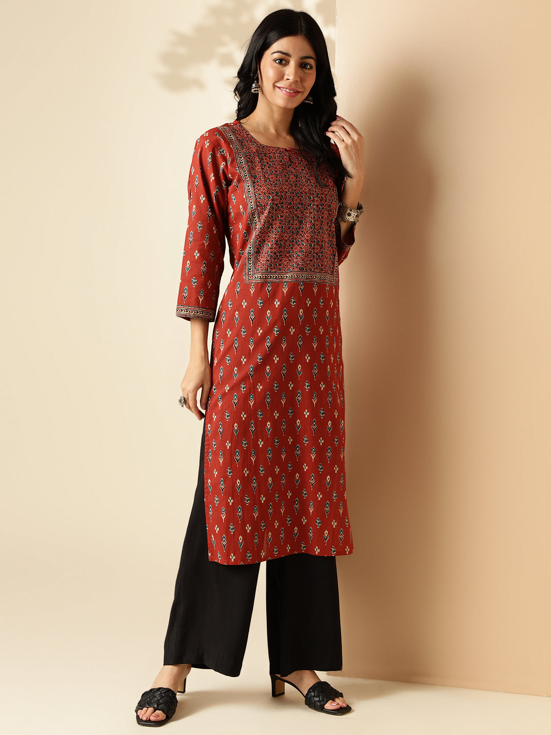 Maroon Block Print Straight Cotton Kurta