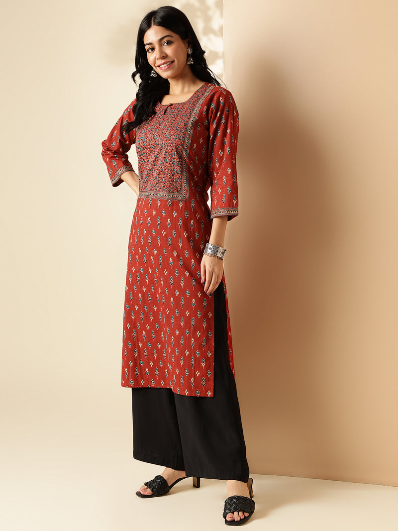 Maroon Block Print Straight Cotton Kurta