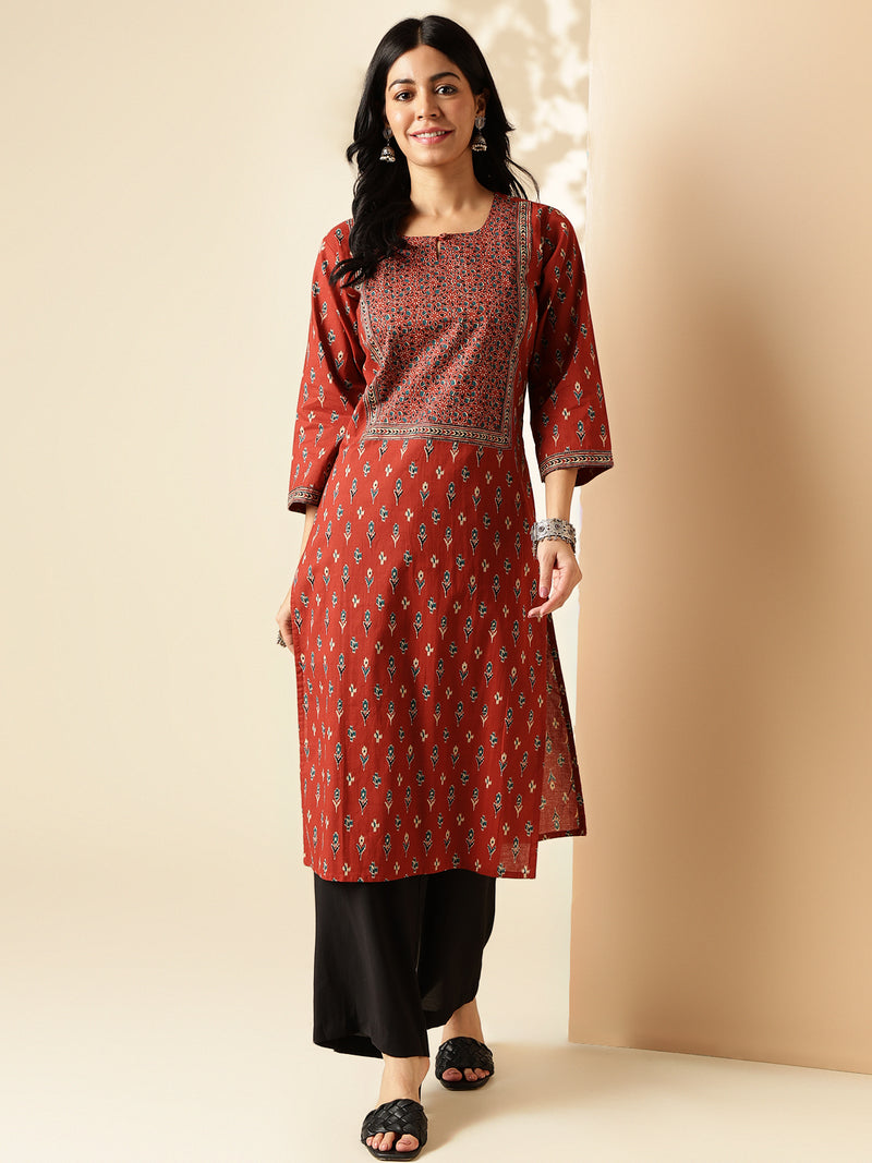 Maroon Block Print Straight Cotton Kurta