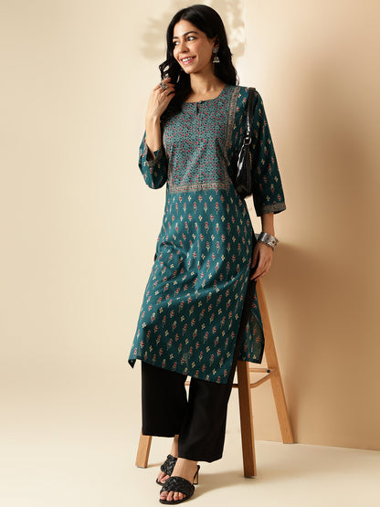 Dark Rama Block Print Straight Cotton Kurta