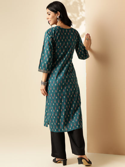 Dark Rama Block Print Straight Cotton Kurta