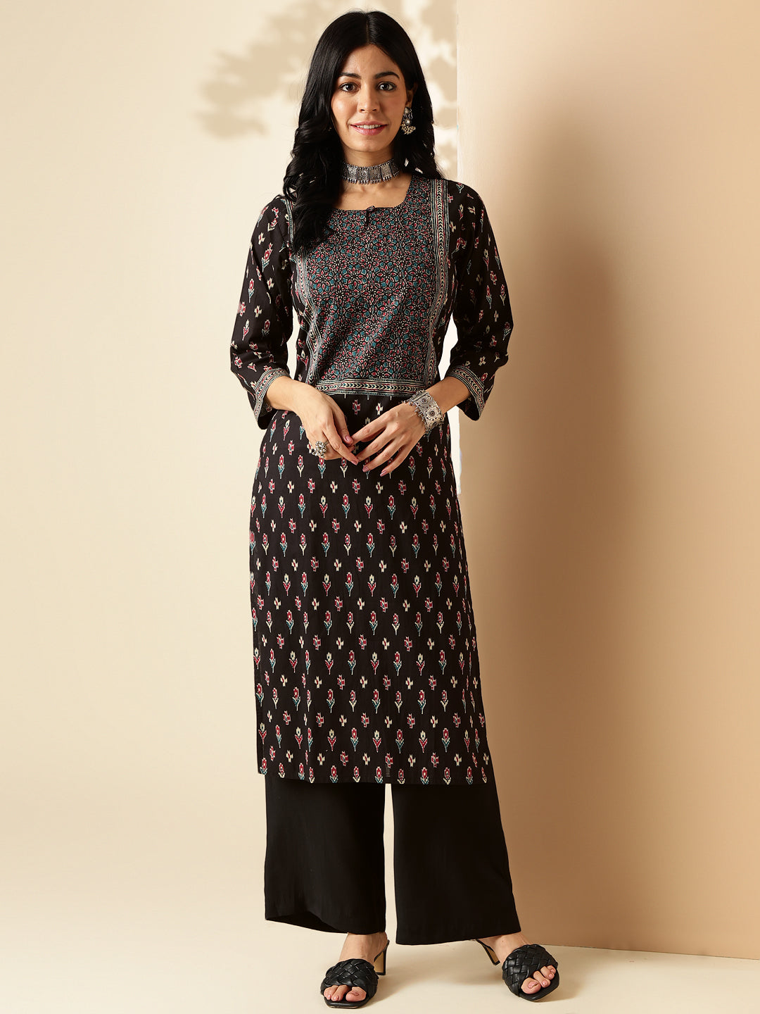 Black Block Printed Straight Cotton Kurta