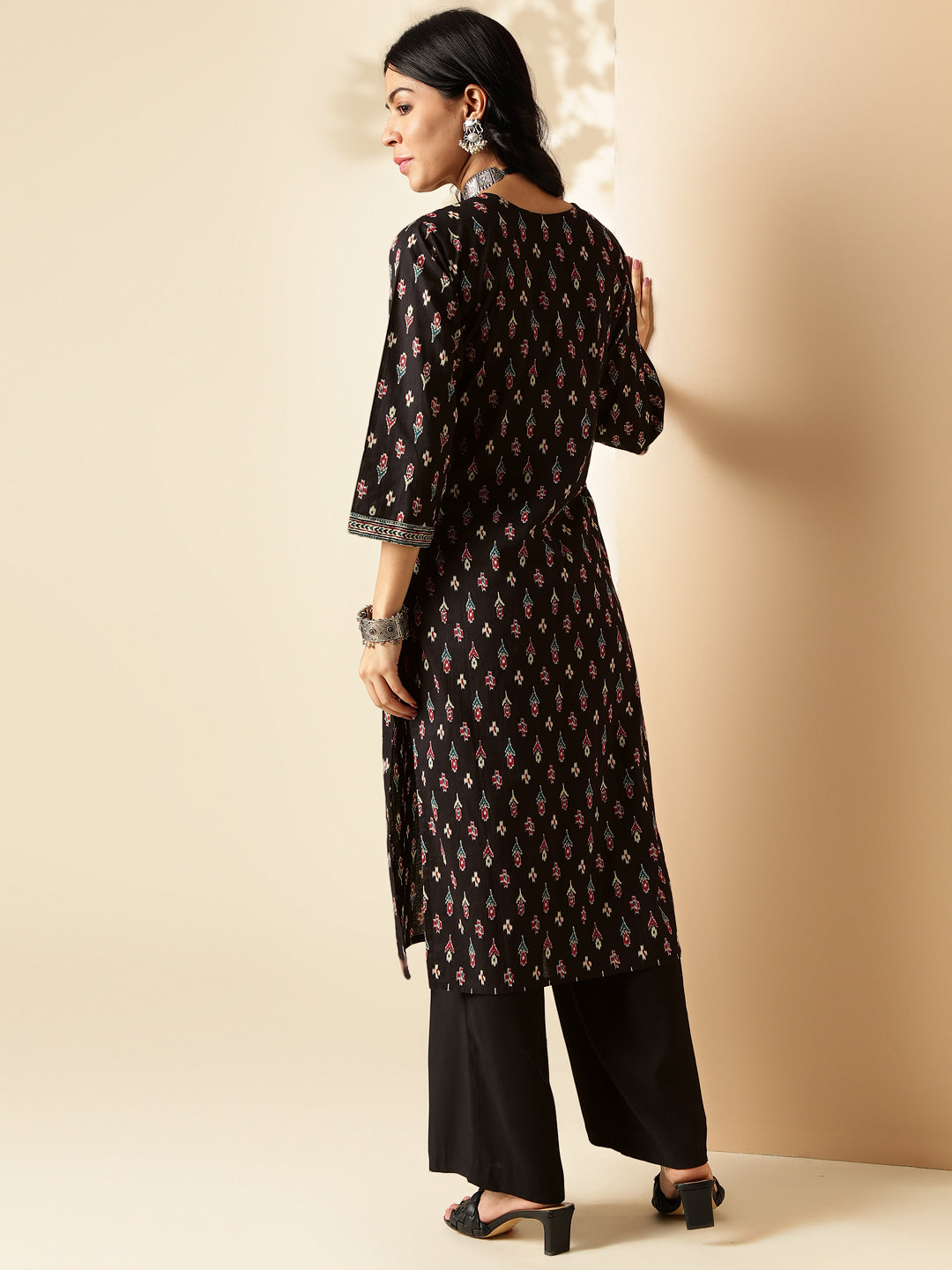 Black Block Printed Straight Cotton Kurta